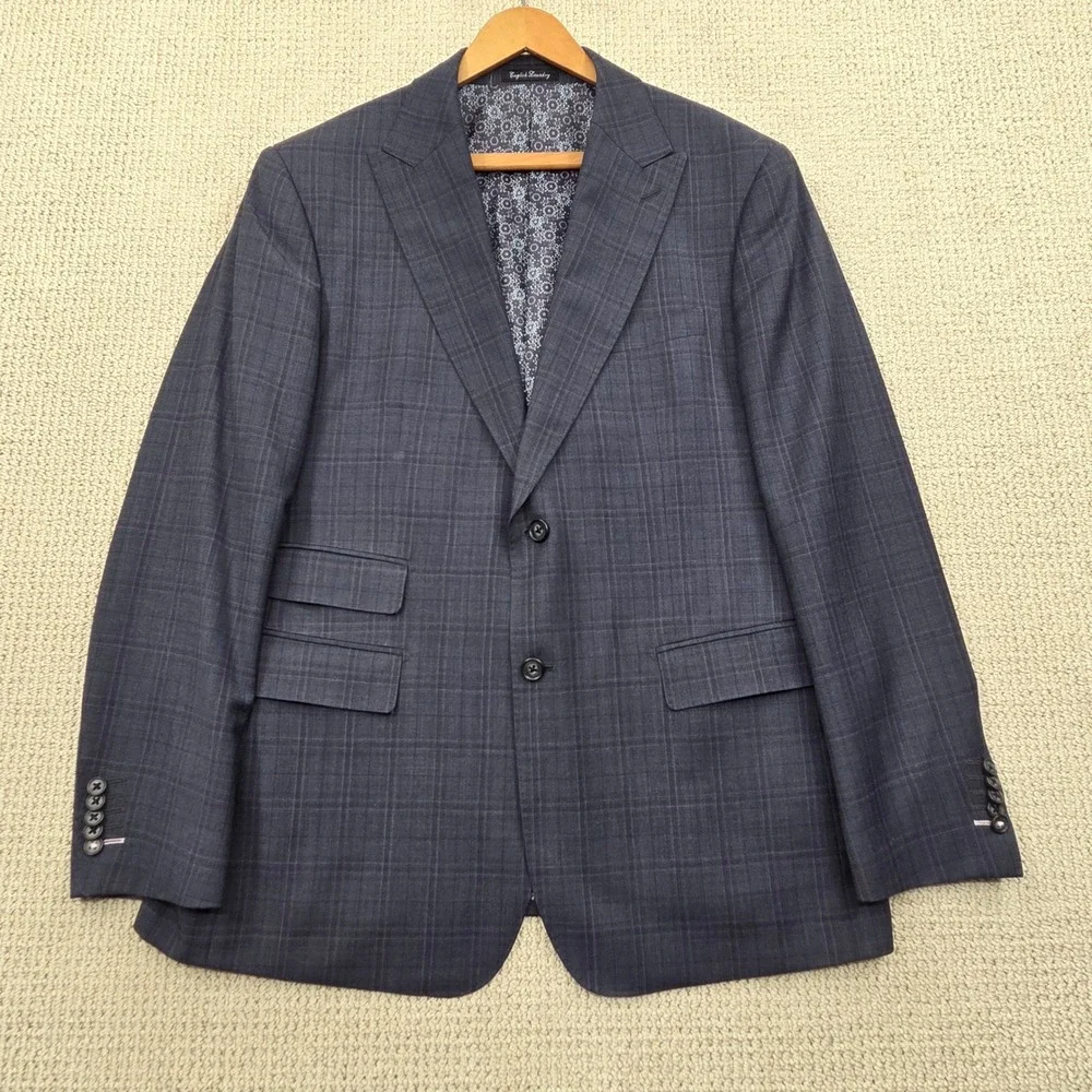 English Laundry Navy Blue Glen Plaid Wool Blend Blazer Jacket Mens 44R‎